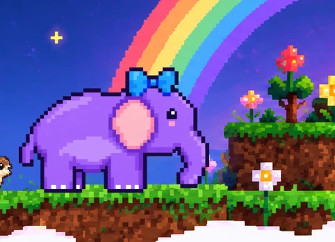 Ellie the purple pixel elephant standing under a rainbow