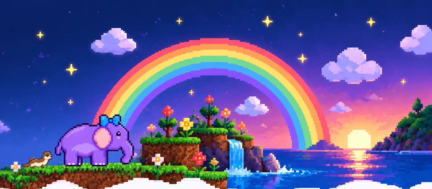 A purple pixel elephant says Let's play! under a rainbow, next to a waterfall and a sunset sea