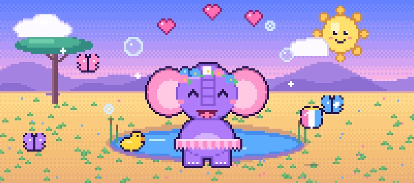A cute baby elephant with big pink ears by a watering hole