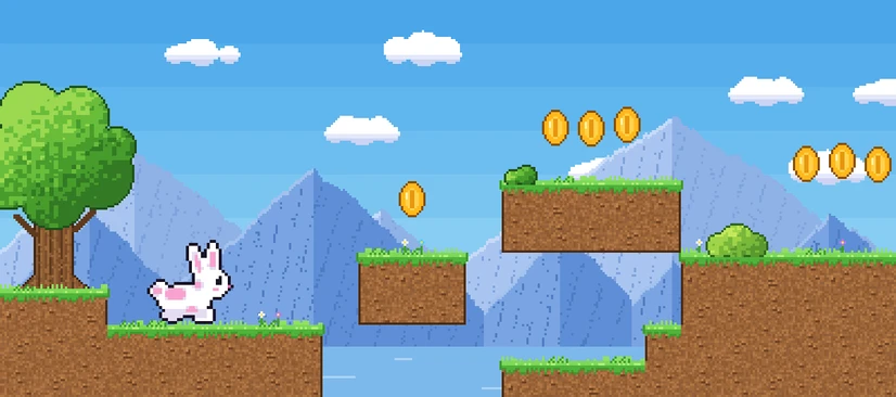 A pink and white bunny jumping between grassy platforms to reach gold coins