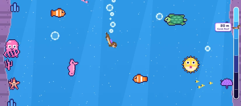 The otter diving through a blue ocean full of fish and coral