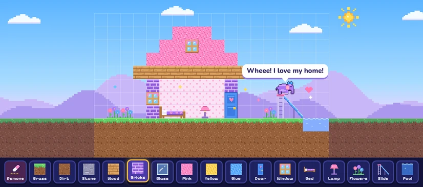 Ellie the elephant next to a pixel house built from colourful blocks