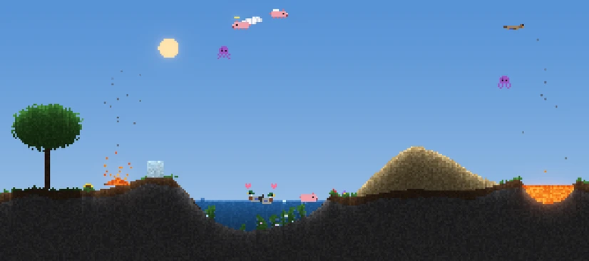 A pixel hillside with a tree, a pond with ducks, a pile of sand and a pool of lava