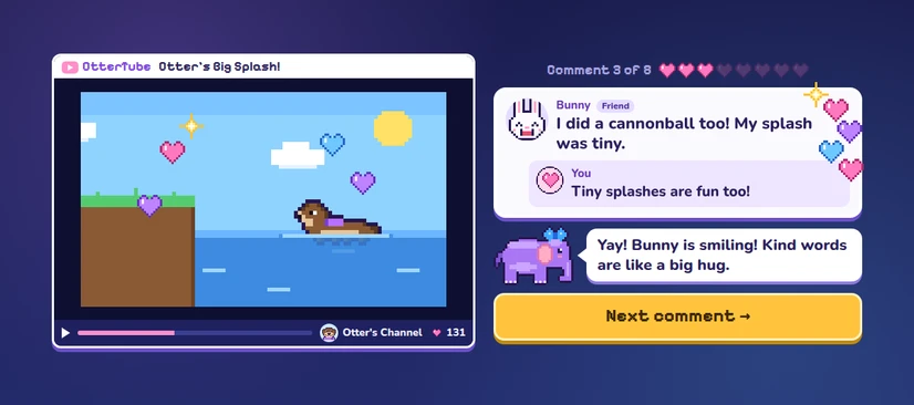 Otter's pretend video with a kind comment from Bunny and Ellie cheering