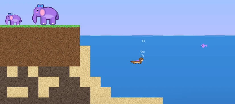An otter swimming through underwater tunnels full of crystals