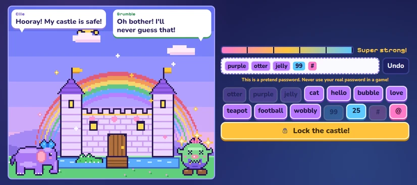 Ellie's pixel castle with tall walls and Grumble the troll outside