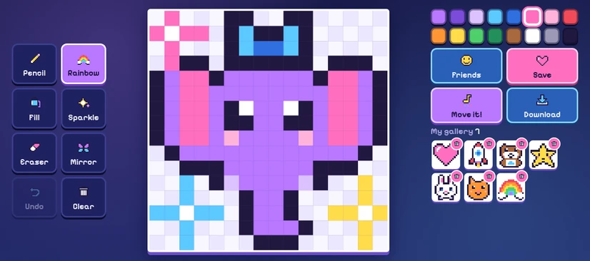 A pixel drawing of Ellie the elephant on a drawing grid with colourful tools