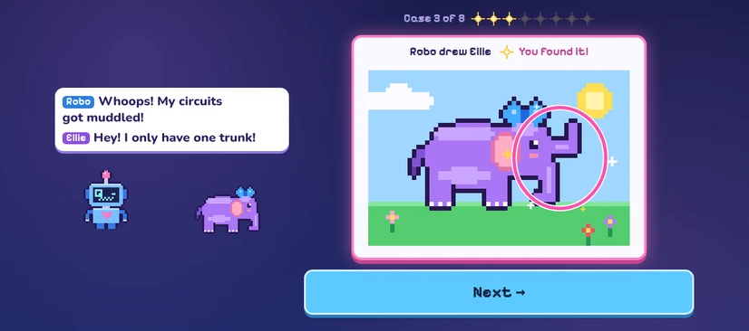 Robo the robot has drawn Ellie with two trunks and the mistake is circled