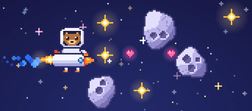 A bear astronaut on a rocket shooting love hearts at asteroids